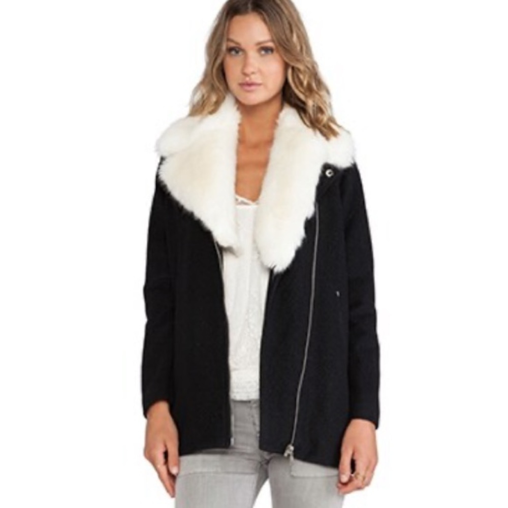 Sanctuary Black City Coat Faux Shearling Fur Collar Wool Blend Coat Size M